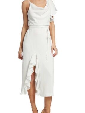 cinq a sept White One-Shoulder Ruffle Midi Wrap Dress NWT